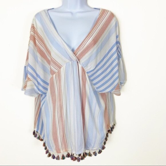 NEW NWT KORI Salmon & Blue Striped Tassel Top Beach Coverup V-neck Oversized Sm - Picture 3 of 9